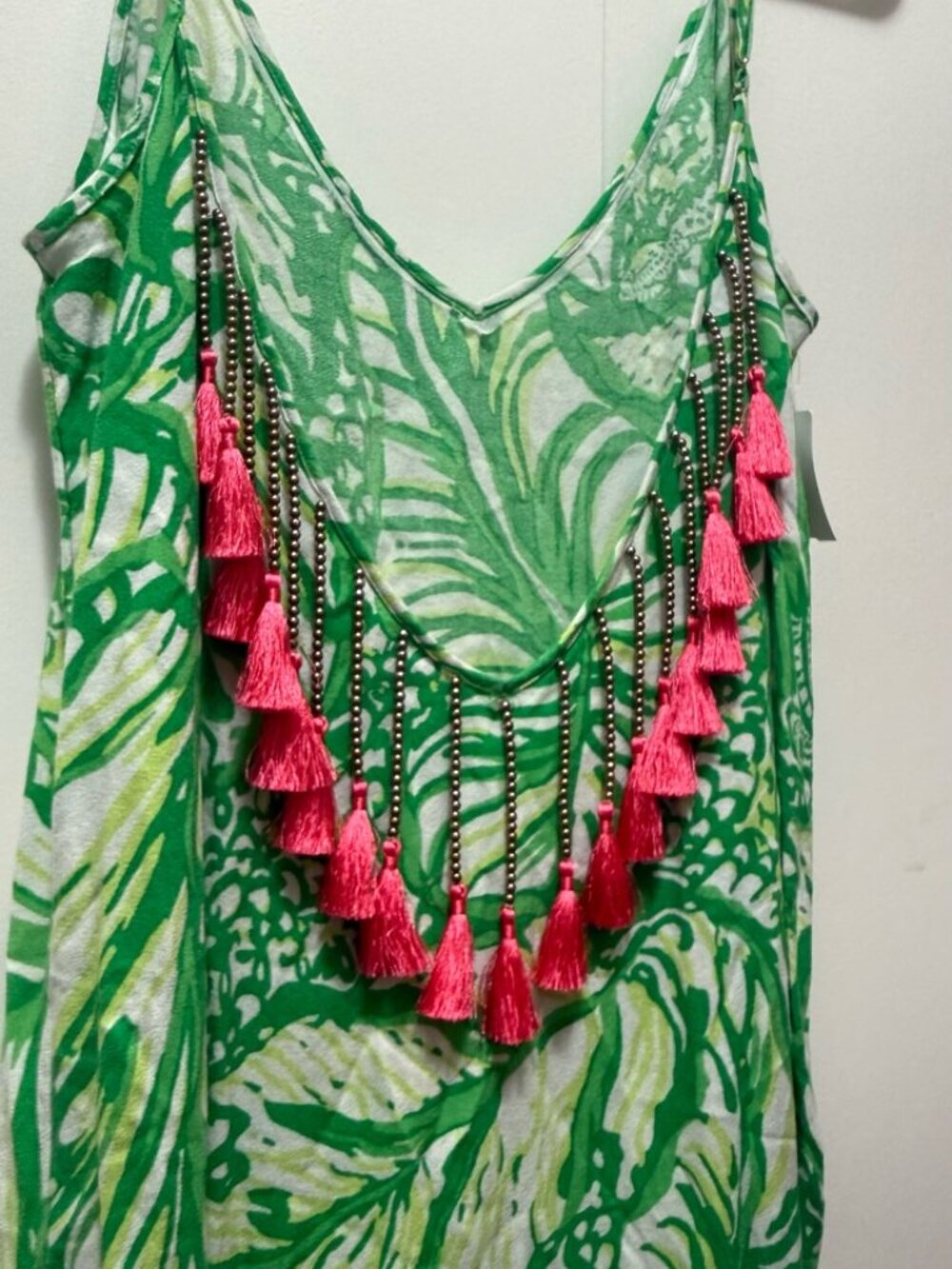 Lilly Pulitzer green tropical maxi dress M beaded pink tassel low back - Picture 8 of 10